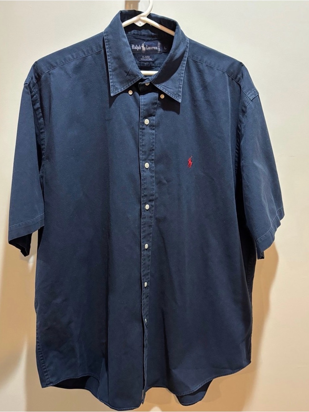 Ralph Lauren Navy Short-Sleeve Button-Down with Red Pony Embroidery
